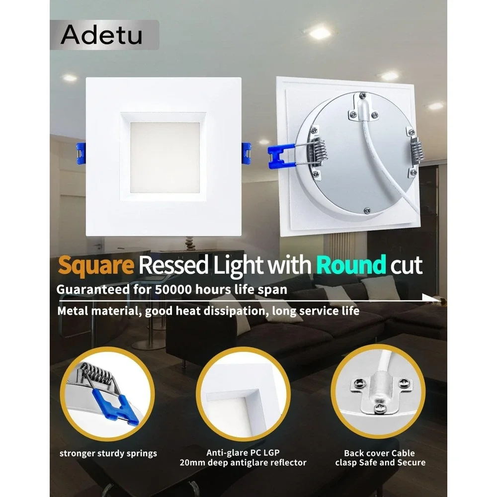 Adetu 4 Inch LED Recessed Downlight 12W 1080LM Dimmable 5CCT White Square 6 Pack